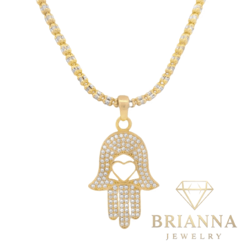 14K Hamsa 🪬 CZ Pendant W/ Moon Iced Chain (16” Inches) – Brianna Jewelry joya brianna jewelry