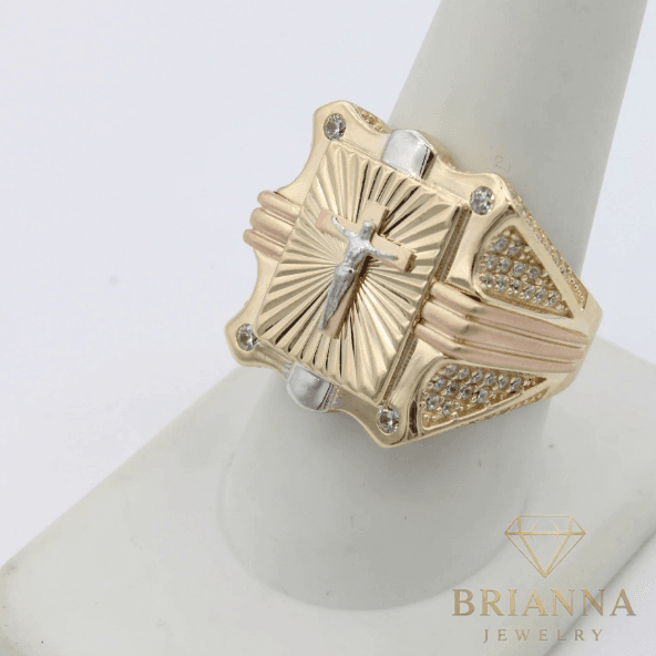 14k Tricolor Cross Men’s Ring – Brianna Jewelry joya brianna jewelry